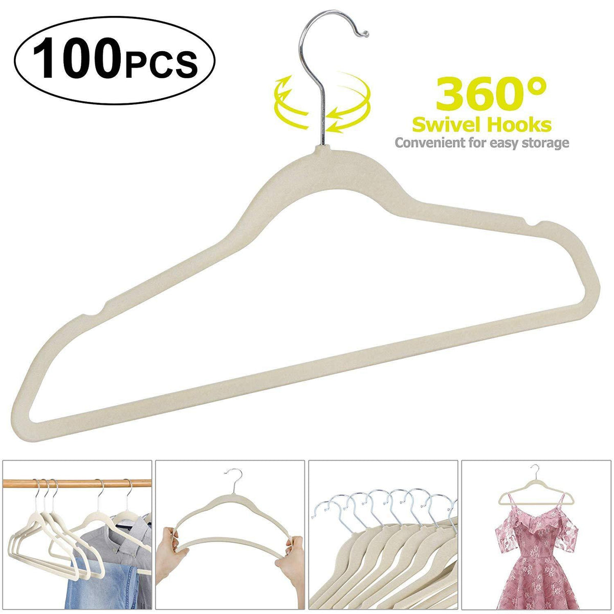 Non Slip Velvet Hangers - 100 Pack Clothes Hanger Hook Swivel 360